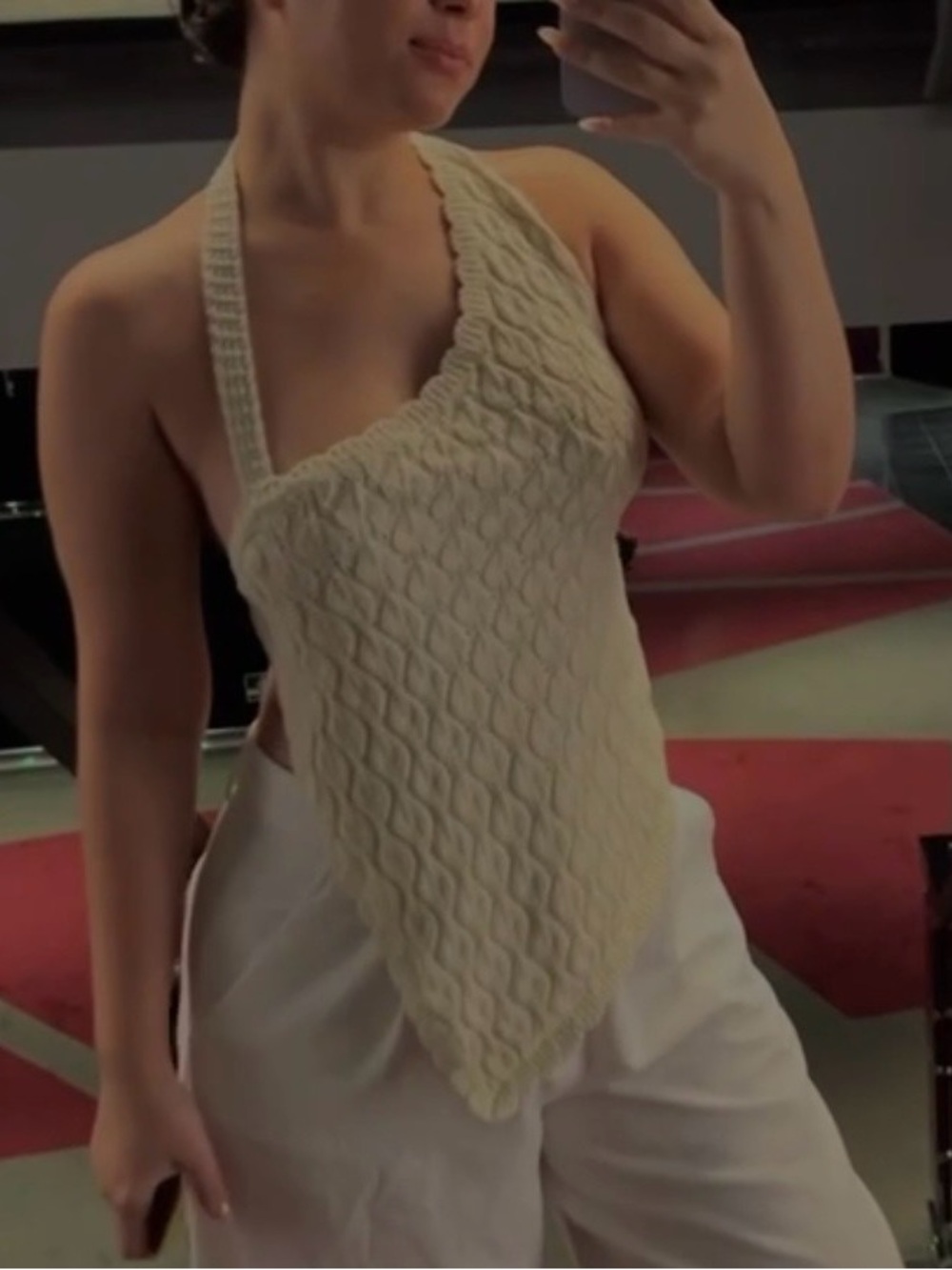 Cream Hand-Knit Halter Pointed top